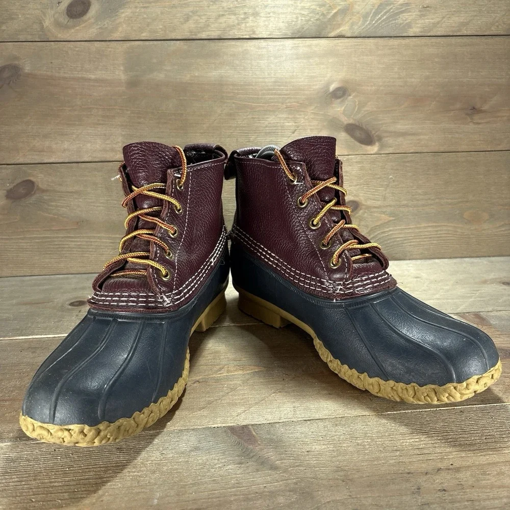 ll bean duck boots womens size 8 shoes burgundy blue leather waterproof hunting